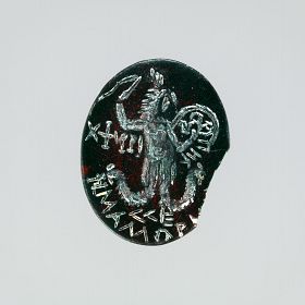 Roman Chalcedony - Jasper intaglio: Cock-headed anguipes
3rd century A.D.